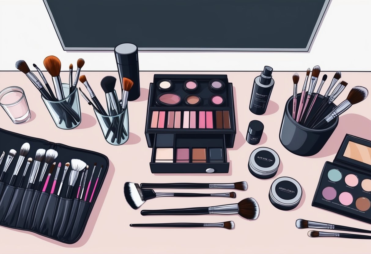 A makeup artist's table with various tools, brushes, and products neatly organized, ready for flawless application