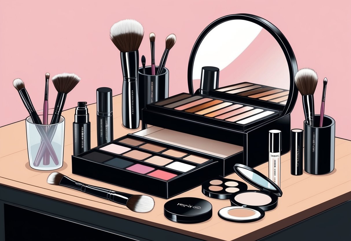 A makeup artist's table with brushes, palettes, and a mirror, showcasing flawless application techniques and recommended products
