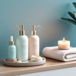 A serene bathroom counter with gentle skincare products, a soft towel, and a soothing candle