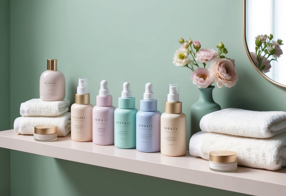 A serene bathroom shelf lined with pastel bottles and jars of skincare serums and treatments, surrounded by soft, fluffy towels and a delicate floral arrangement
