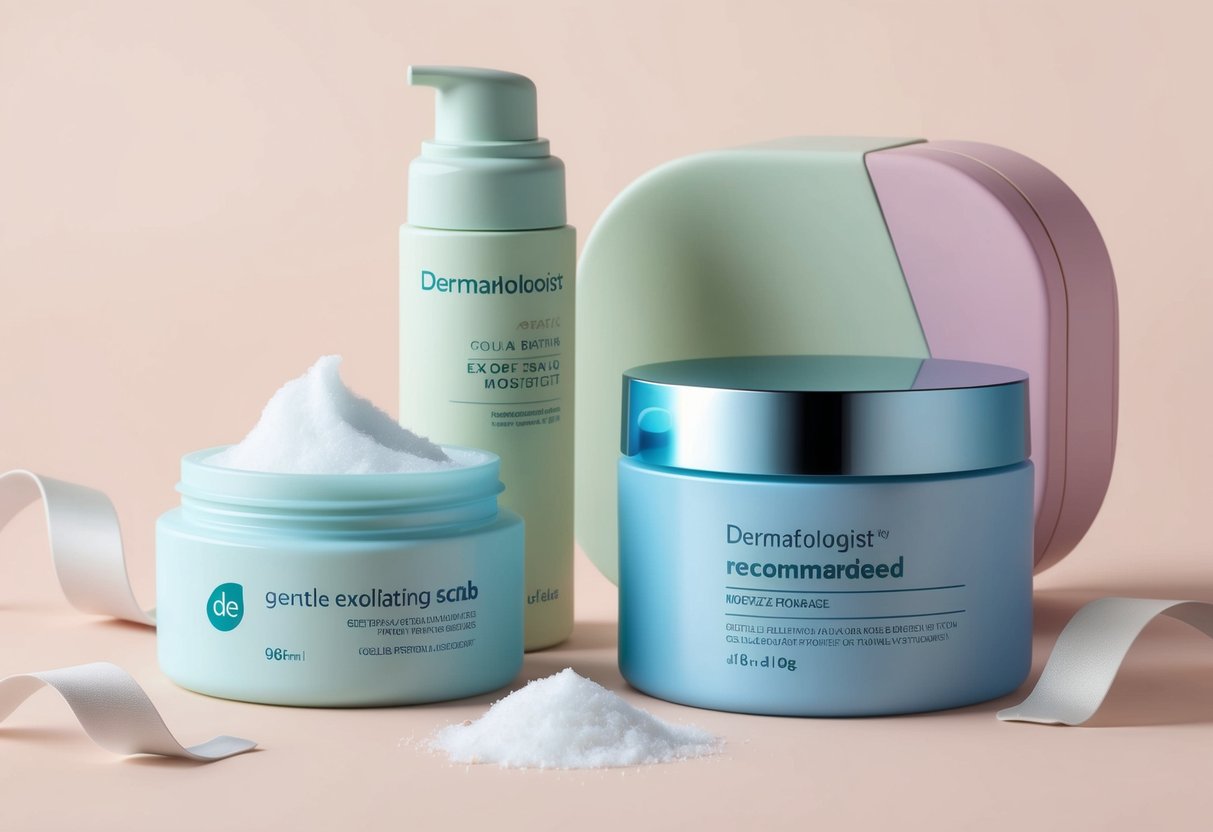 A gentle exfoliating scrub sits next to a soothing moisturizer, surrounded by soft, pastel-colored packaging. A dermatologist's recommendation is visible on a nearby label
