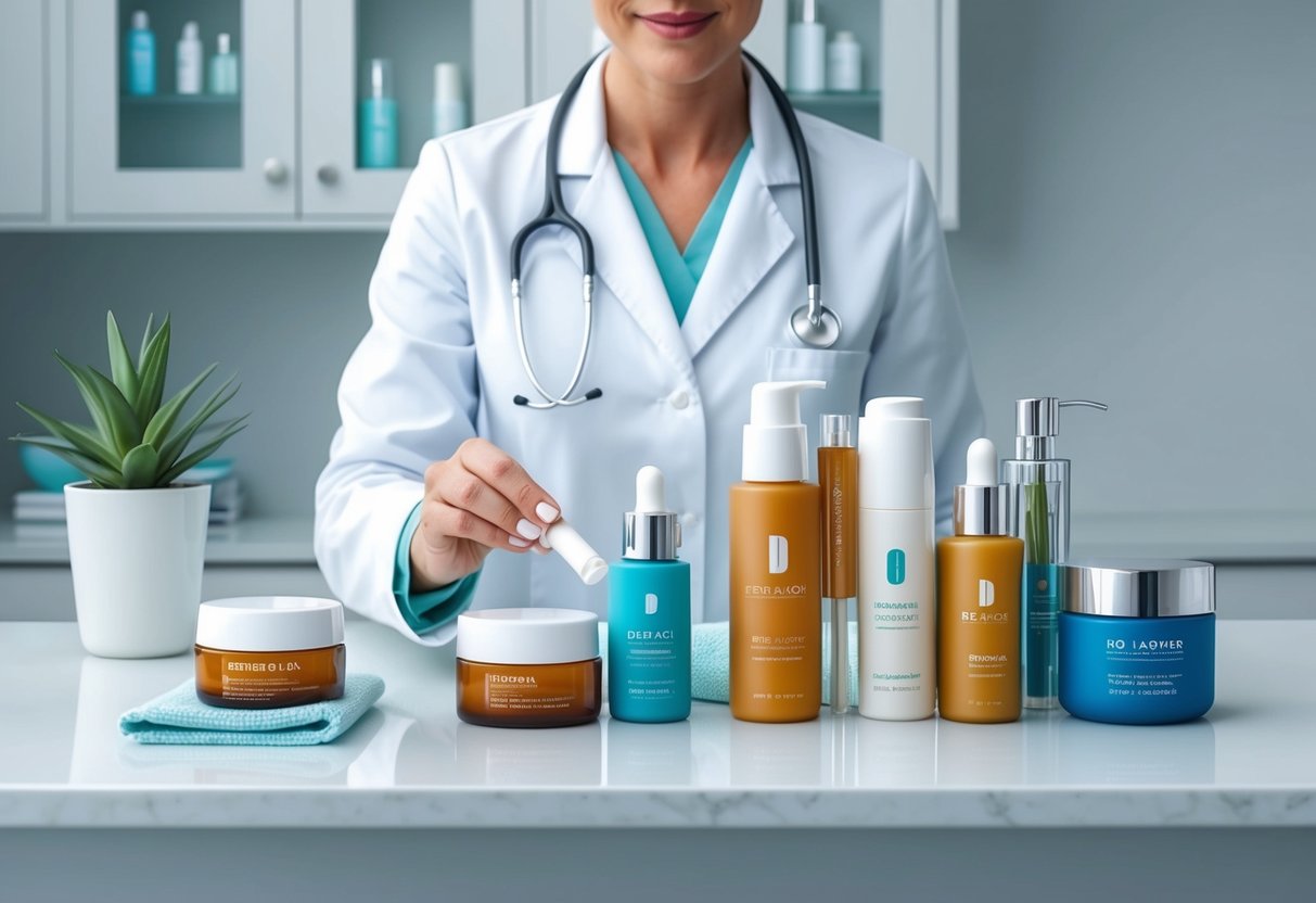 A dermatologist carefully selects and arranges skincare products on a clean, organized countertop