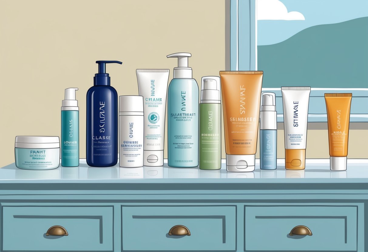 A serene bathroom counter with neatly arranged skincare products and brands, including cleanser, moisturizer, and sunscreen