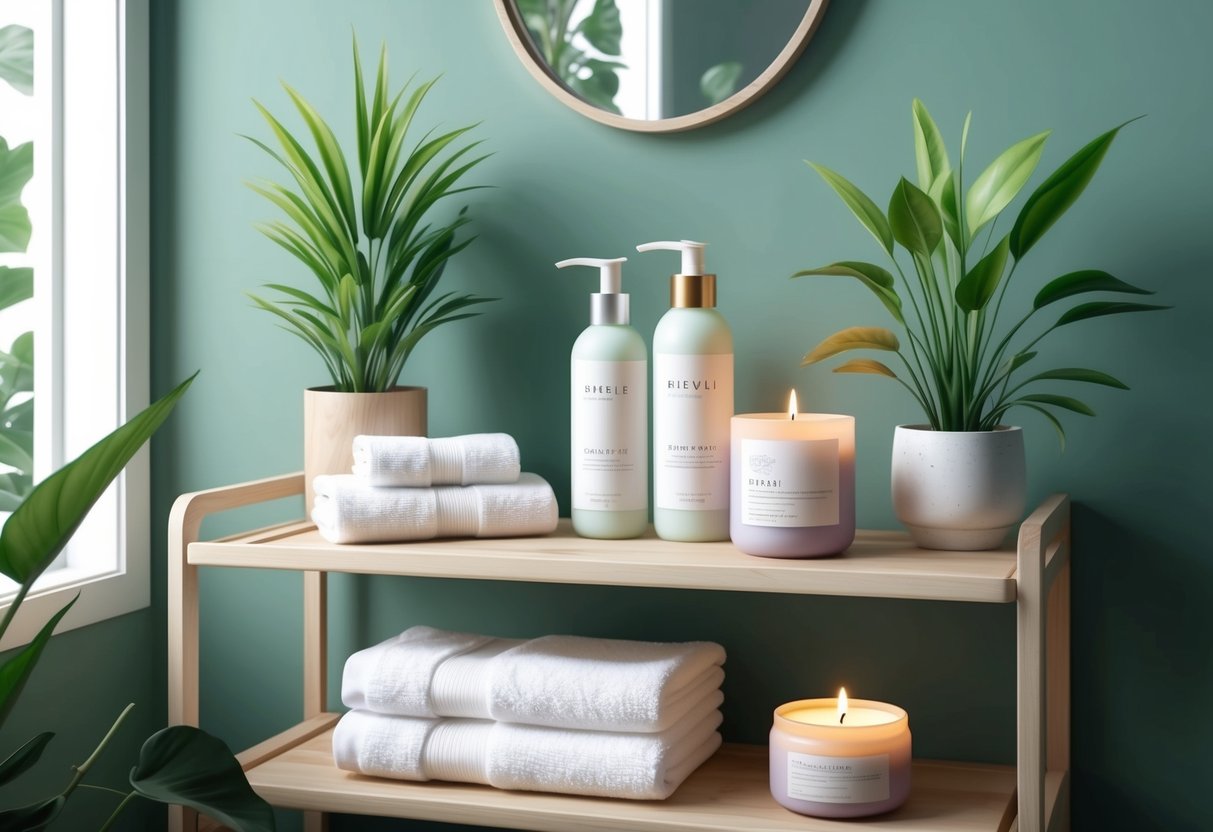 A serene bathroom shelf with gentle skincare products, soft towels, and a calming candle, surrounded by plants and natural light