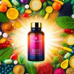 A vibrant array of vitamins, minerals, and botanical extracts surround a glowing bottle of beauty supplements, radiating health and vitality
