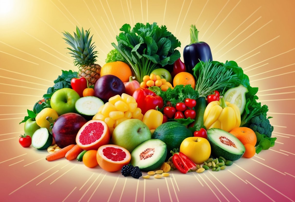 A colorful array of fresh fruits, vegetables, and vitamins arranged on a glowing backdrop, radiating health and beauty