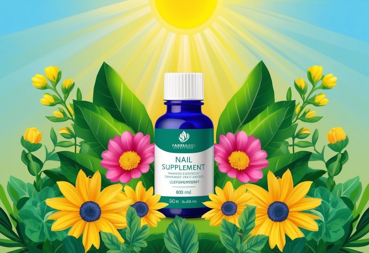 A bottle of nail supplements surrounded by vibrant flowers and lush greenery, with rays of sunlight shining down, symbolizing strength and radiance