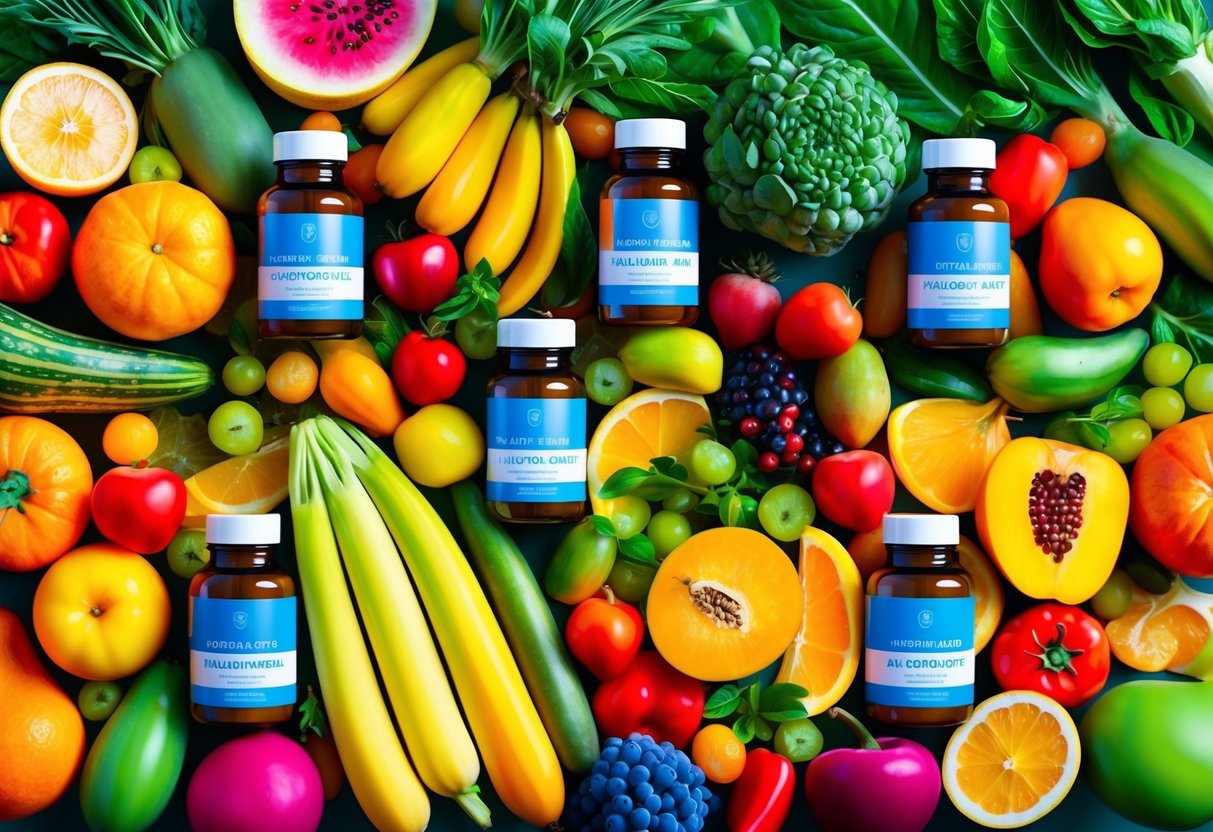 A colorful array of fruits and vegetables bursting with vibrant hues, surrounded by bottles of hyaluronic acid and antioxidant supplements
