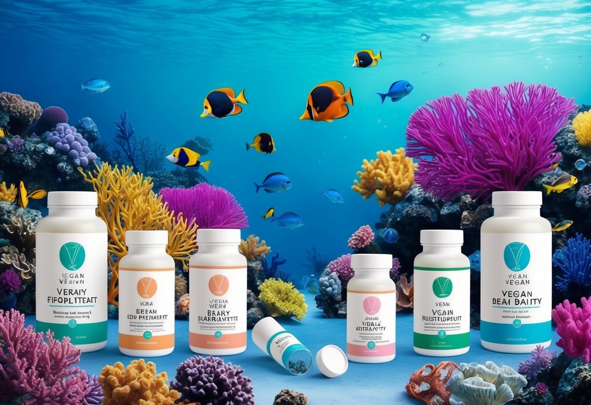 A serene underwater scene with vibrant marine life and colorful coral, surrounded by vegan beauty supplements in various forms