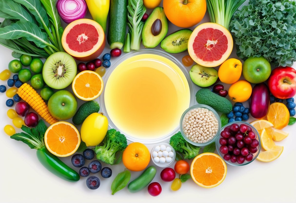 A colorful array of fruits, vegetables, and supplements arranged on a table, with a glowing skin, shiny hair, and strong nails as the focal point