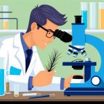 A scientist in a lab, surrounded by test tubes and beakers, examining hair strands under a microscope to find solutions for thinning hair