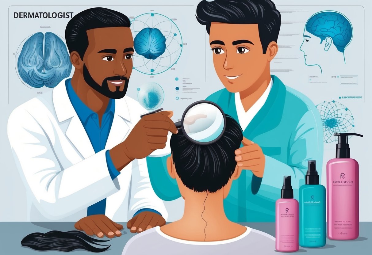 A dermatologist examining a scalp with a magnifying tool, surrounded by scientific diagrams and hair care products
