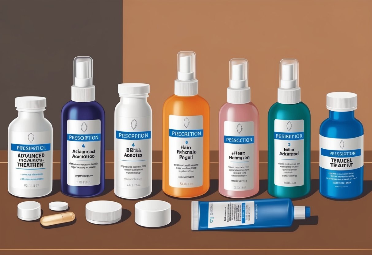 A table with various prescription medication bottles and advanced hair treatment products arranged neatly next to each other