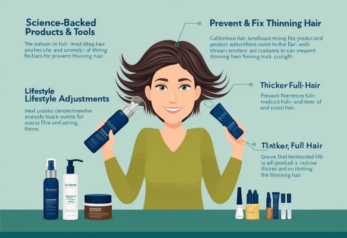 A person using science-backed products and tools to prevent and fix thinning hair, showcasing lifestyle adjustments for thicker, fuller hair