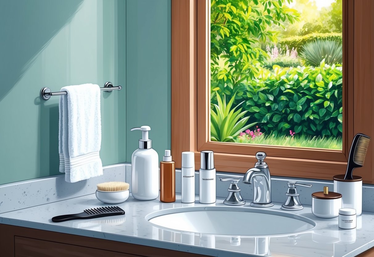 A bathroom counter with haircare products arranged neatly, a comb, and a mirror reflecting a lush, green garden outside