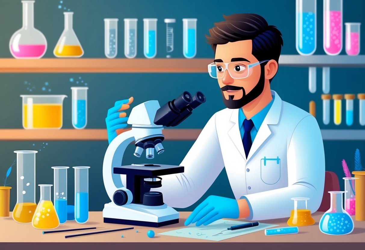 A scientist in a lab, surrounded by test tubes and beakers, examining a microscope slide of hair follicles
