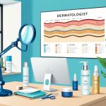 A dermatologist's office with skincare products, a magnifying lamp, and a chart of the skin's layers on the wall