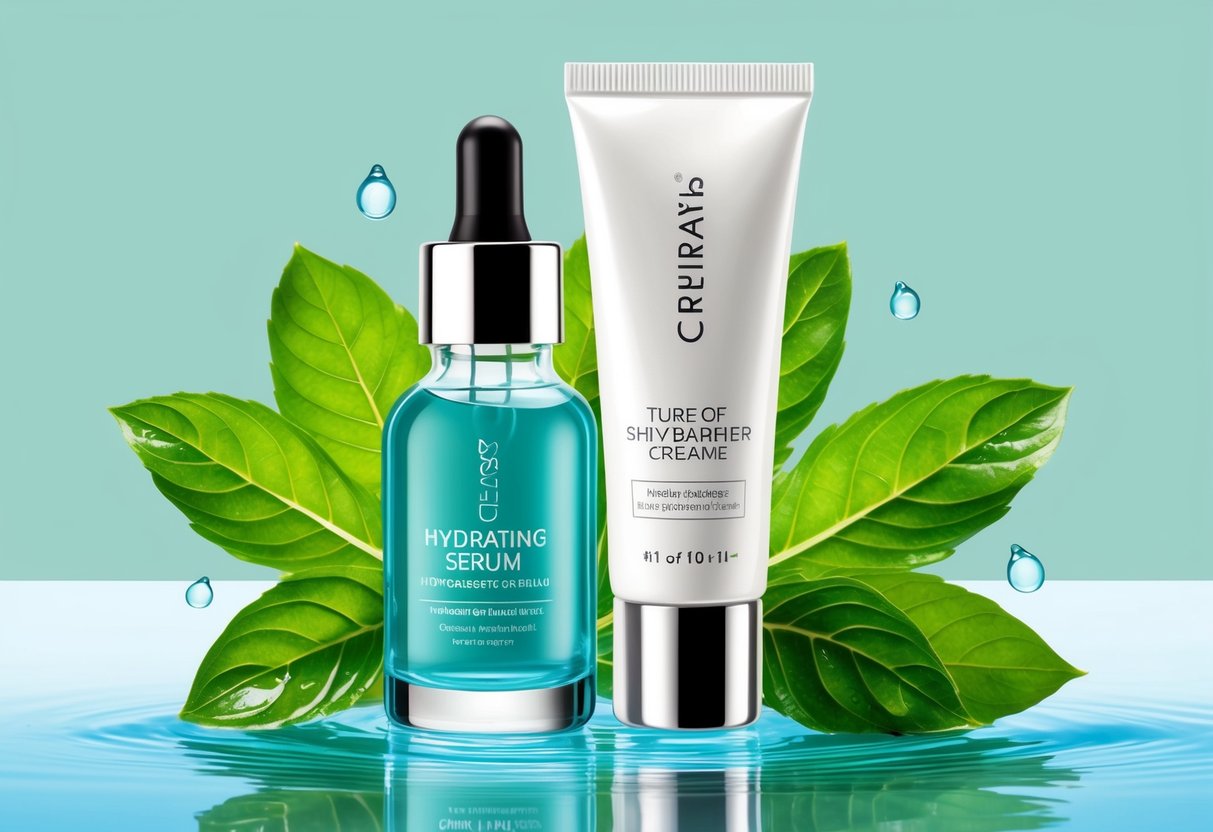 A clear glass bottle of hydrating serum next to a tube of skin barrier cream, surrounded by fresh green leaves and a few drops of water
