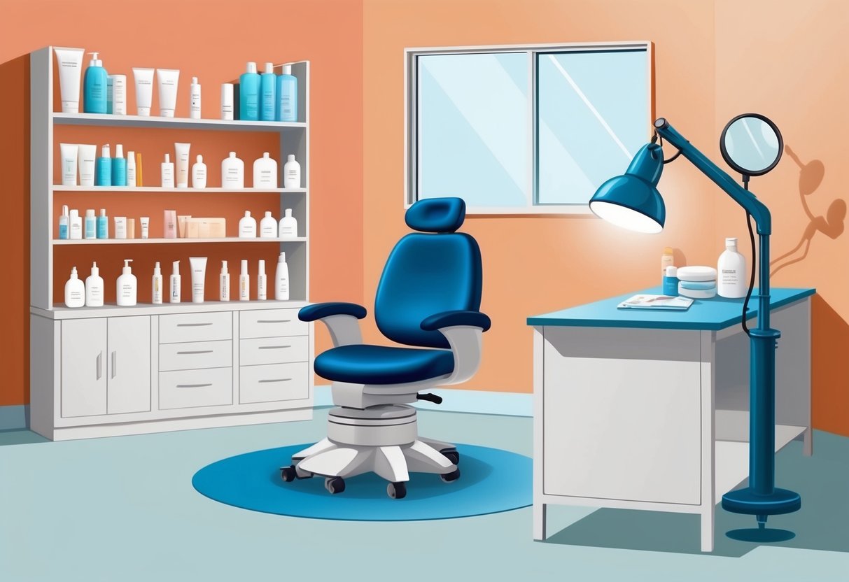 A dermatologist's office with shelves of skincare products, a magnifying lamp, and a consultation area with a patient chair