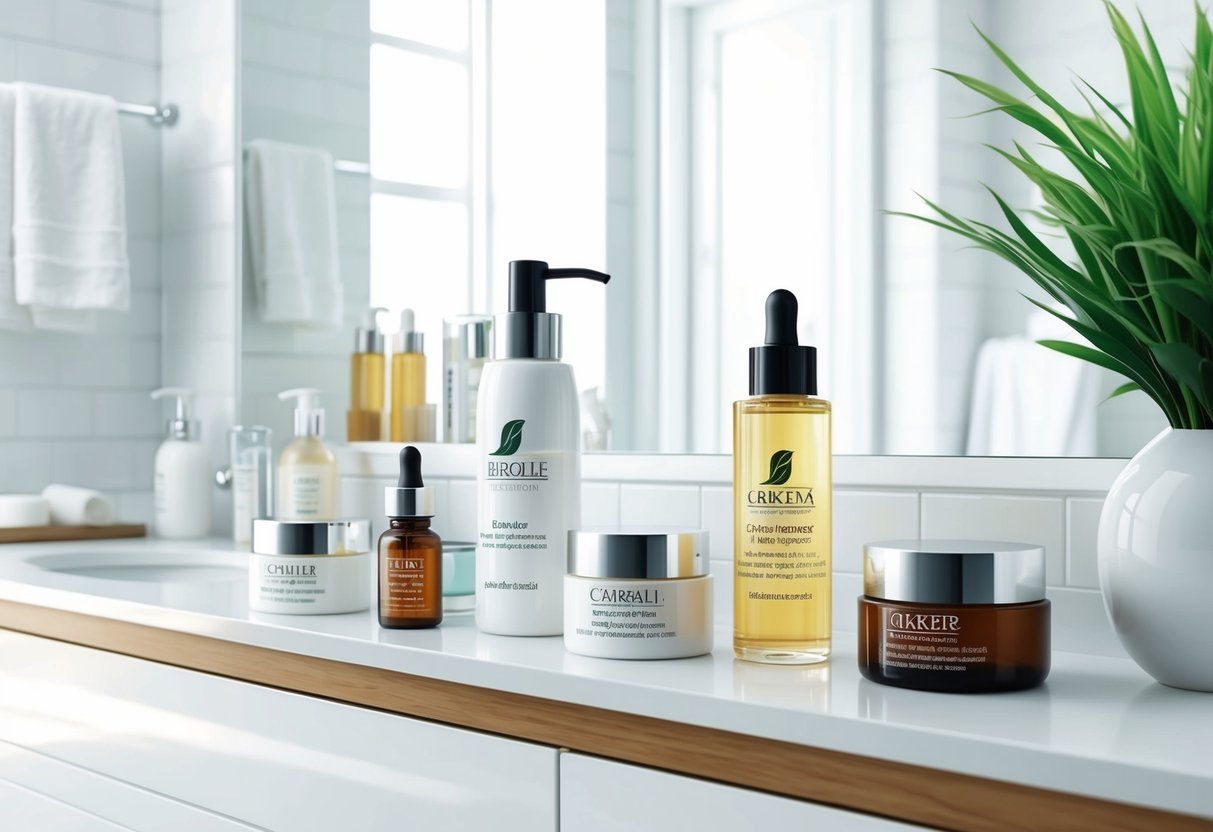 A bright, clean bathroom counter with various skincare products neatly arranged, including bottles and jars of creams and serums