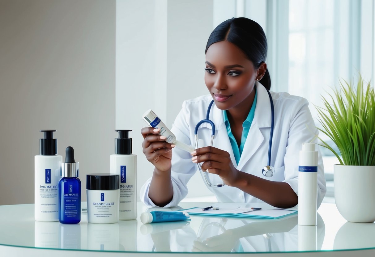 A dermatologist examining skincare products for dark spots on a clean, well-lit table with various bottles and tubes