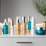 A range of skincare products arranged neatly on a clean, minimalist vanity with soft, natural lighting