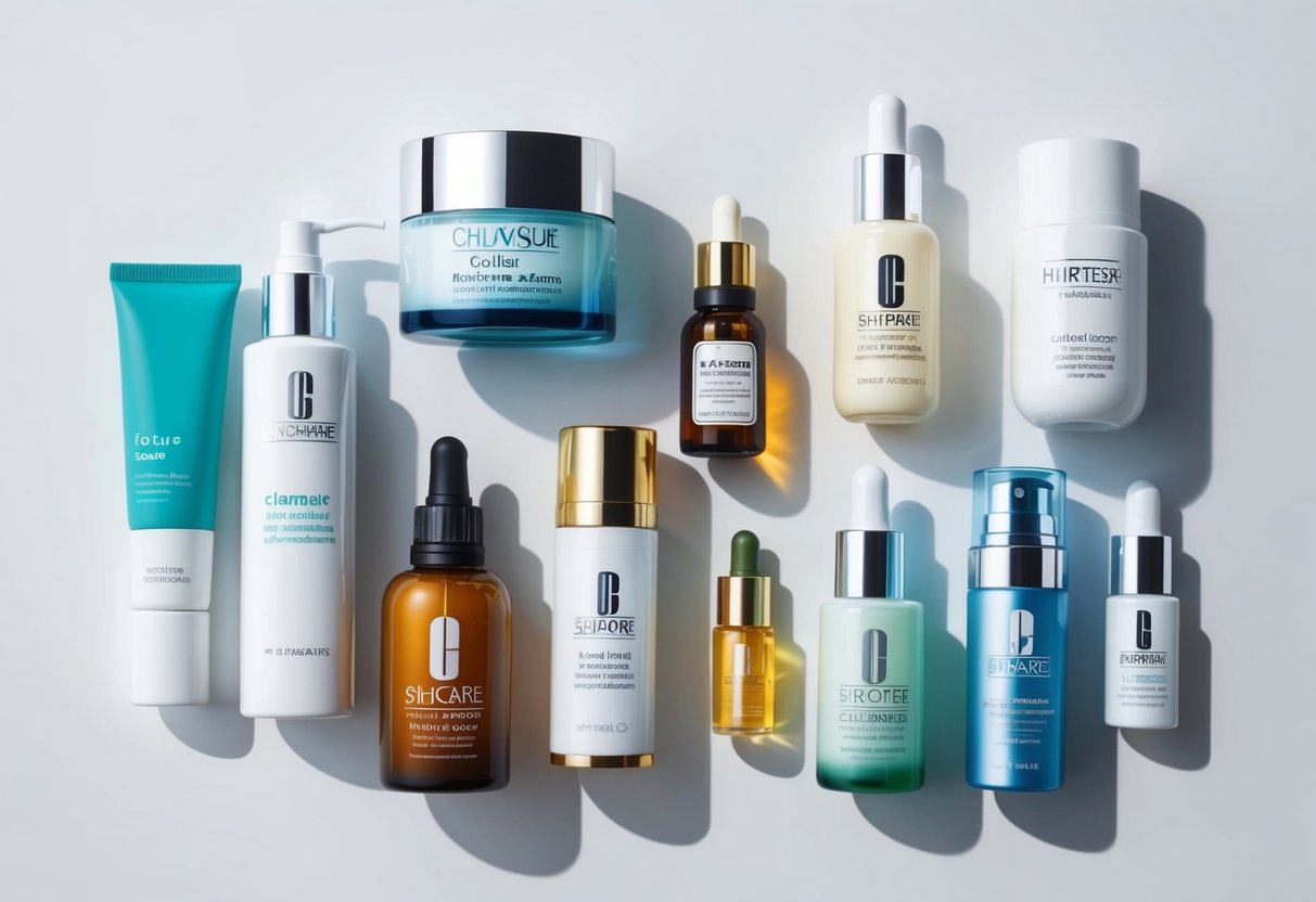 A collection of skincare products arranged on a clean, white surface, including cleansers, moisturizers, and serums, with a variety of packaging and colors