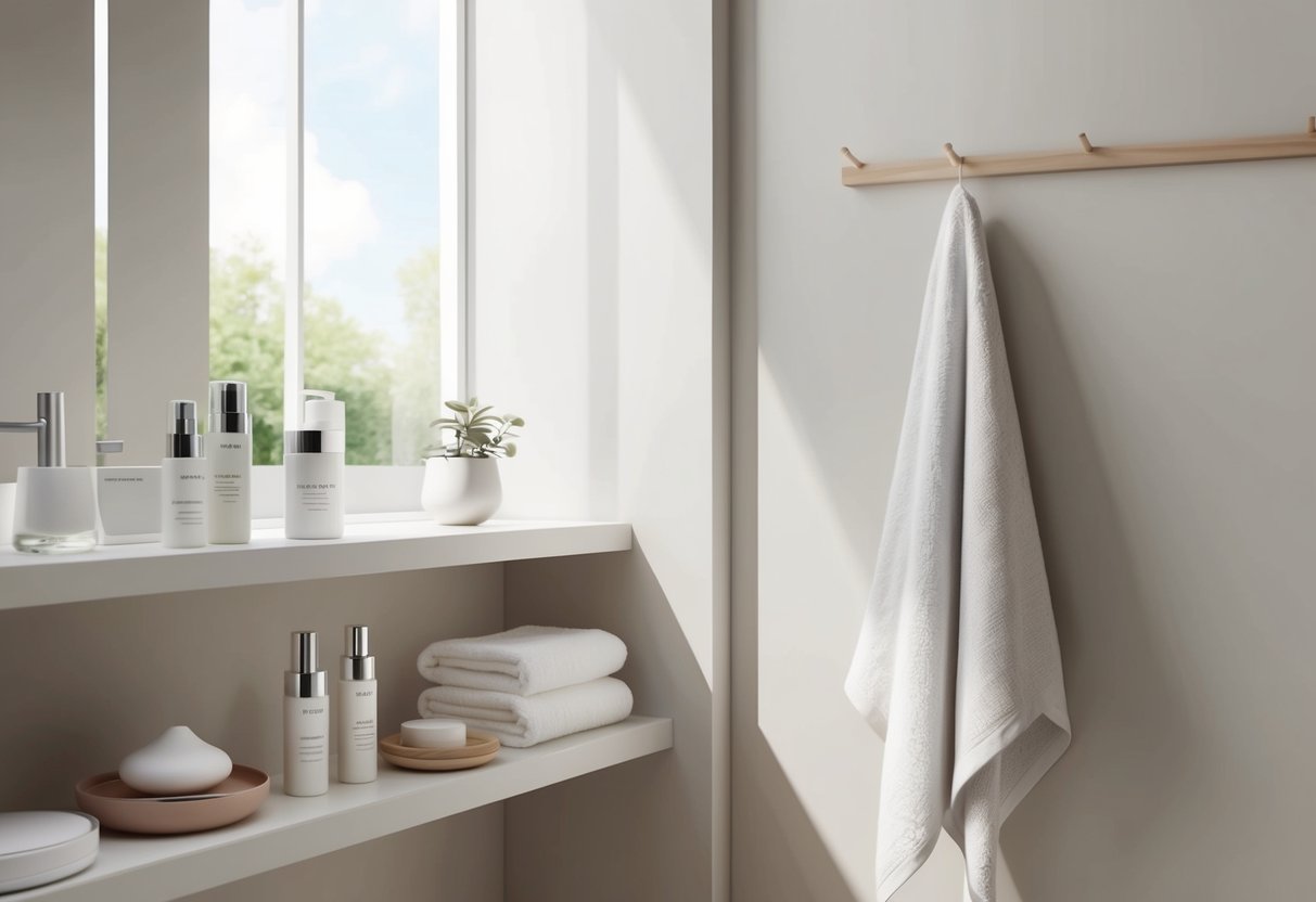 A serene, minimalist bathroom with natural light streaming in, featuring skincare products neatly arranged on a shelf and a soft towel hanging nearby