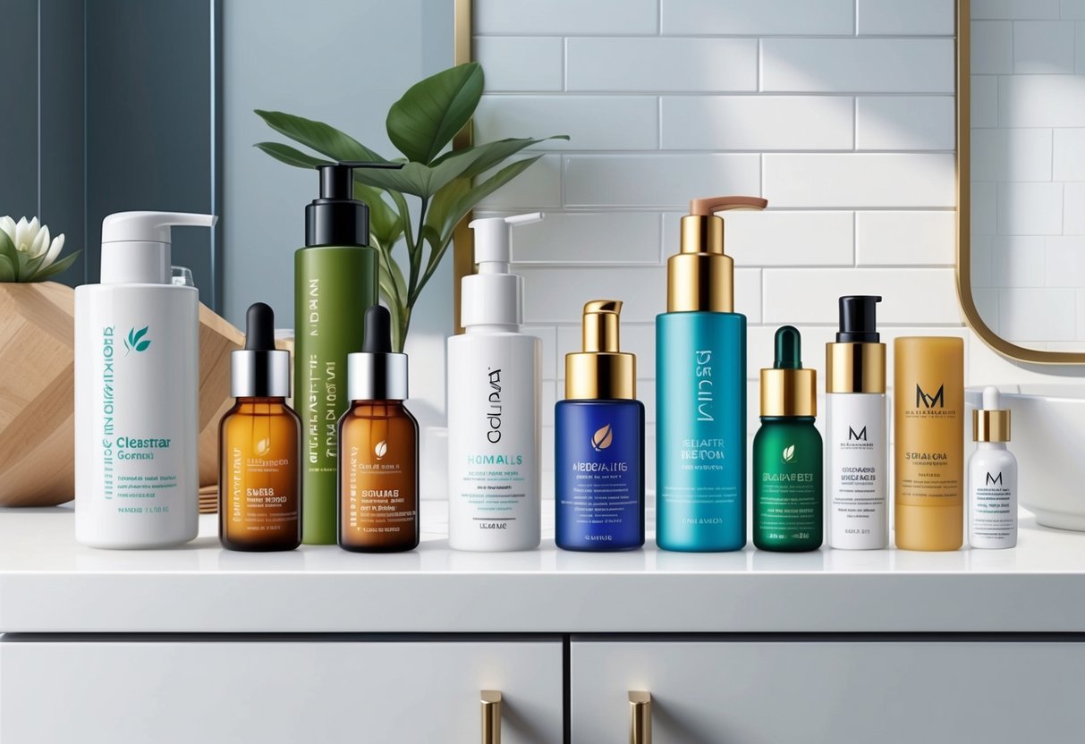 A variety of skincare products arranged neatly on a bathroom counter, including cleansers, moisturizers, and serums for different skin types