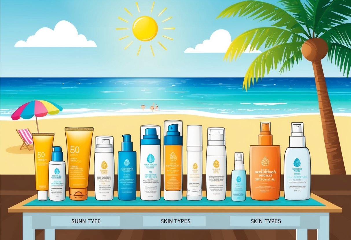 A sunny beach with a variety of sun protection products and skincare routines displayed on a table, with different skin types represented