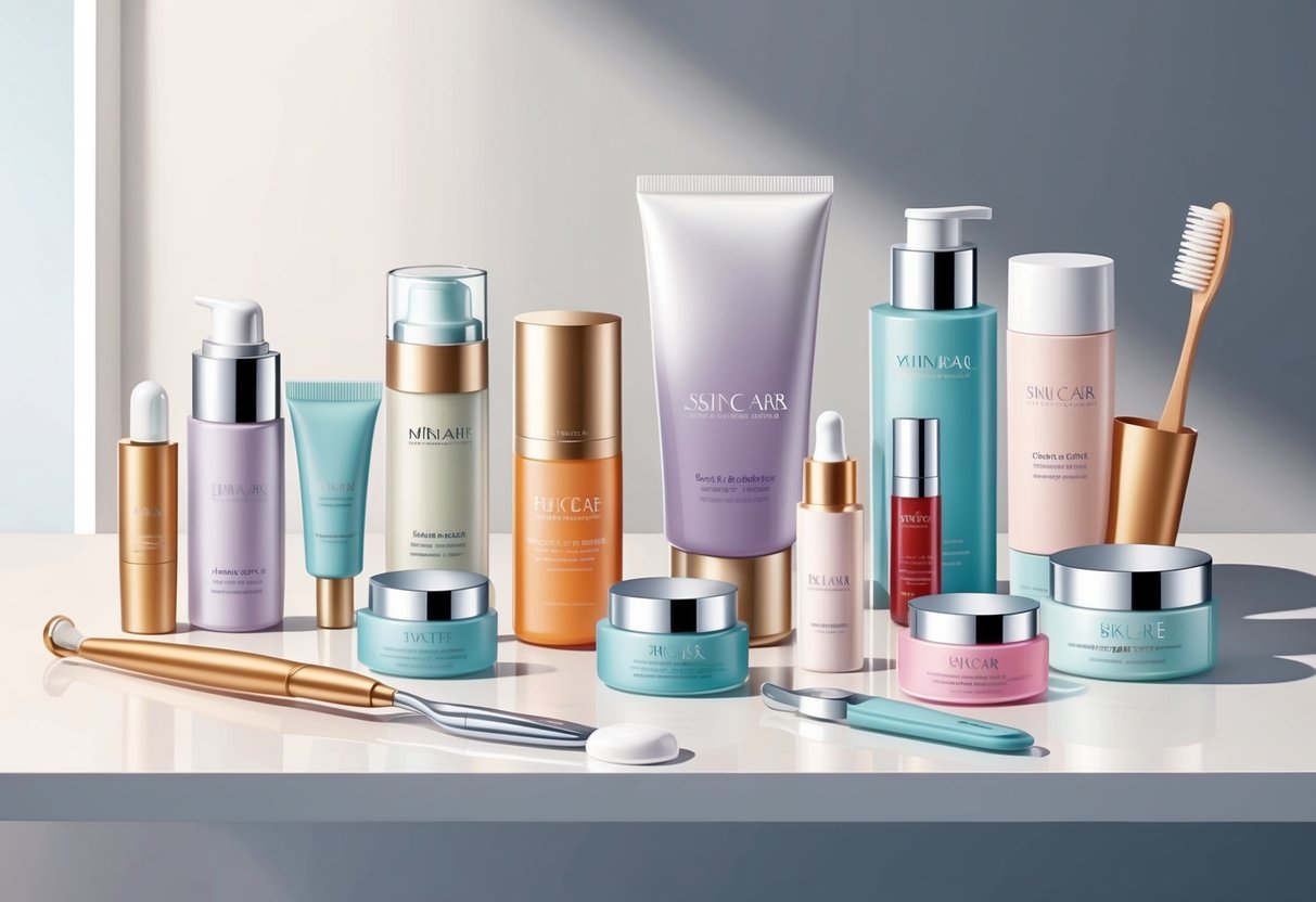 A variety of skincare products and tools arranged on a clean, organized surface, with soft lighting highlighting their textures and colors