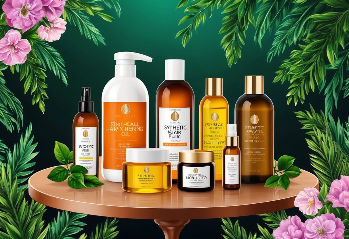 A table with various bottles of synthetic and natural hair oils, surrounded by lush greenery and blooming flowers