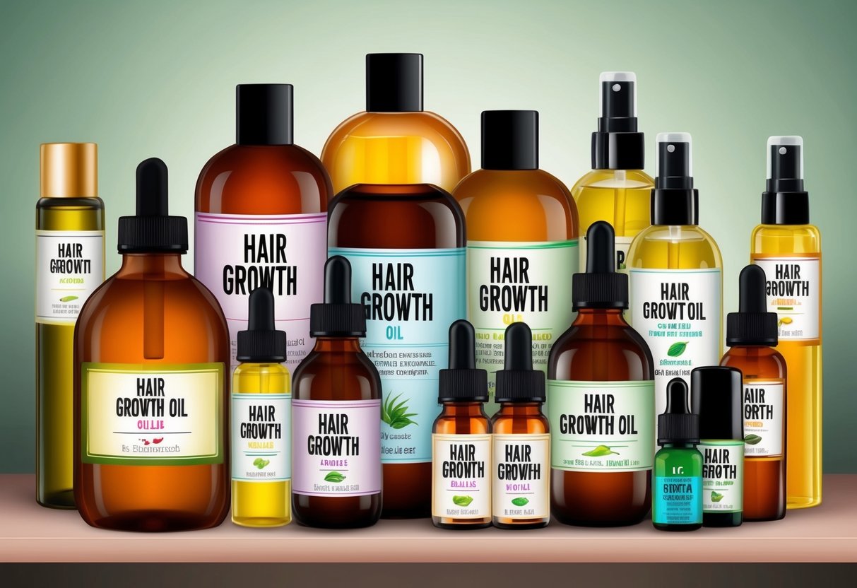 A variety of bottles and jars of hair growth oils arranged on a shelf, with colorful labels and different sizes