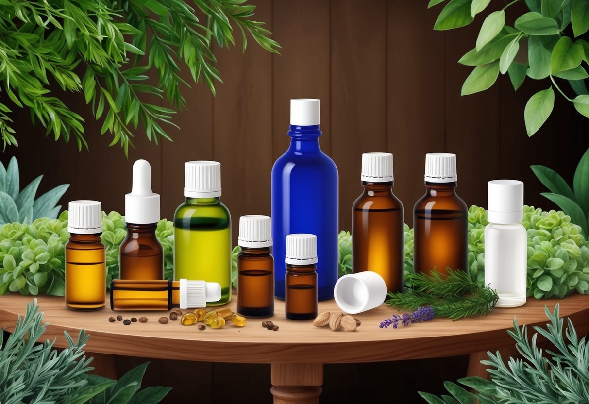 A collection of various essential oils and bottles arranged on a wooden table, surrounded by lush greenery and natural elements