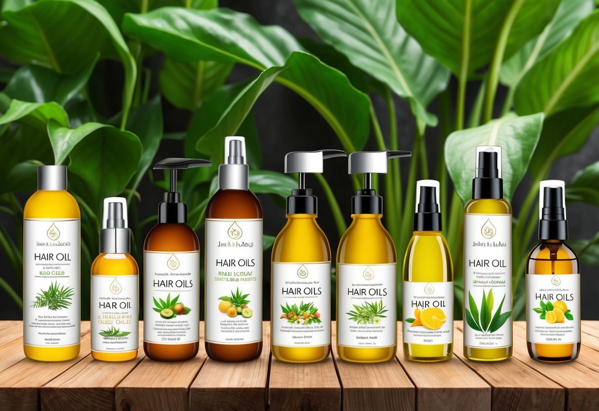 A variety of hair oils displayed on a wooden table with lush green plants in the background, showcasing the natural ingredients and benefits for hair health
