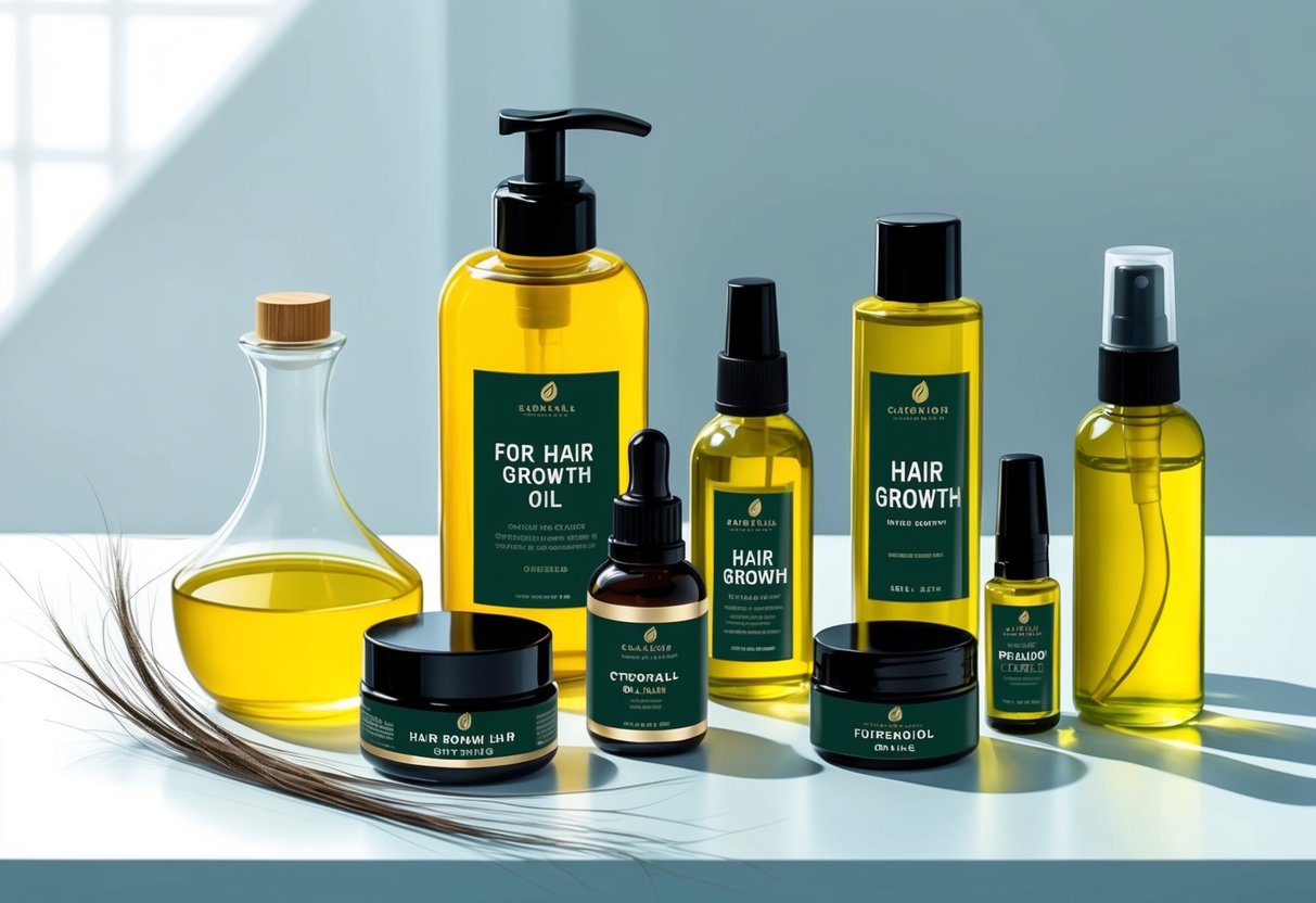 A collection of various bottles and containers of hair growth oils arranged on a clean, well-lit surface, with a few strands of hair nearby for context