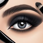 A close-up of an eye with a brush applying dark eyeshadow, blending it out to create a smokey effect. A mirror and other makeup tools are scattered around