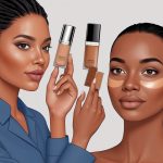 A makeup artist holding up different foundation shades next to a model's face, comparing them against the skin tone