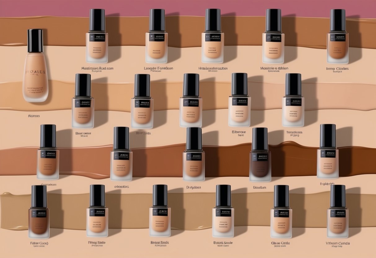 A variety of foundation bottles arranged by skin type, with different shades displayed for each type