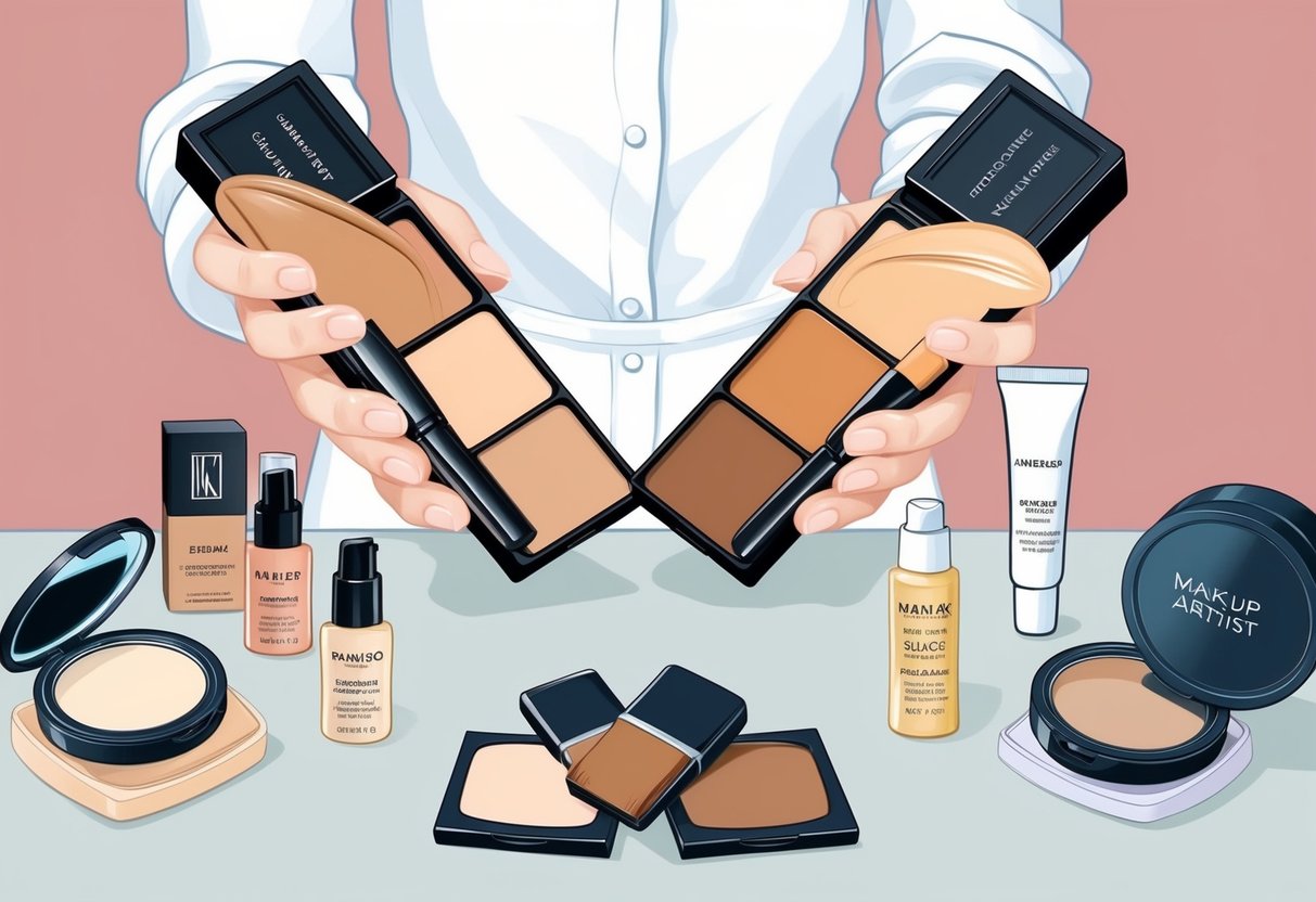 A makeup artist holding various foundation shades, surrounded by different complementary products like concealer, primer, and setting powder on a clean, organized workspace
