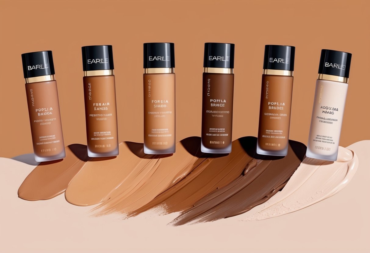 A display of various foundation shades from popular brands, arranged in a gradient to demonstrate different skin tones