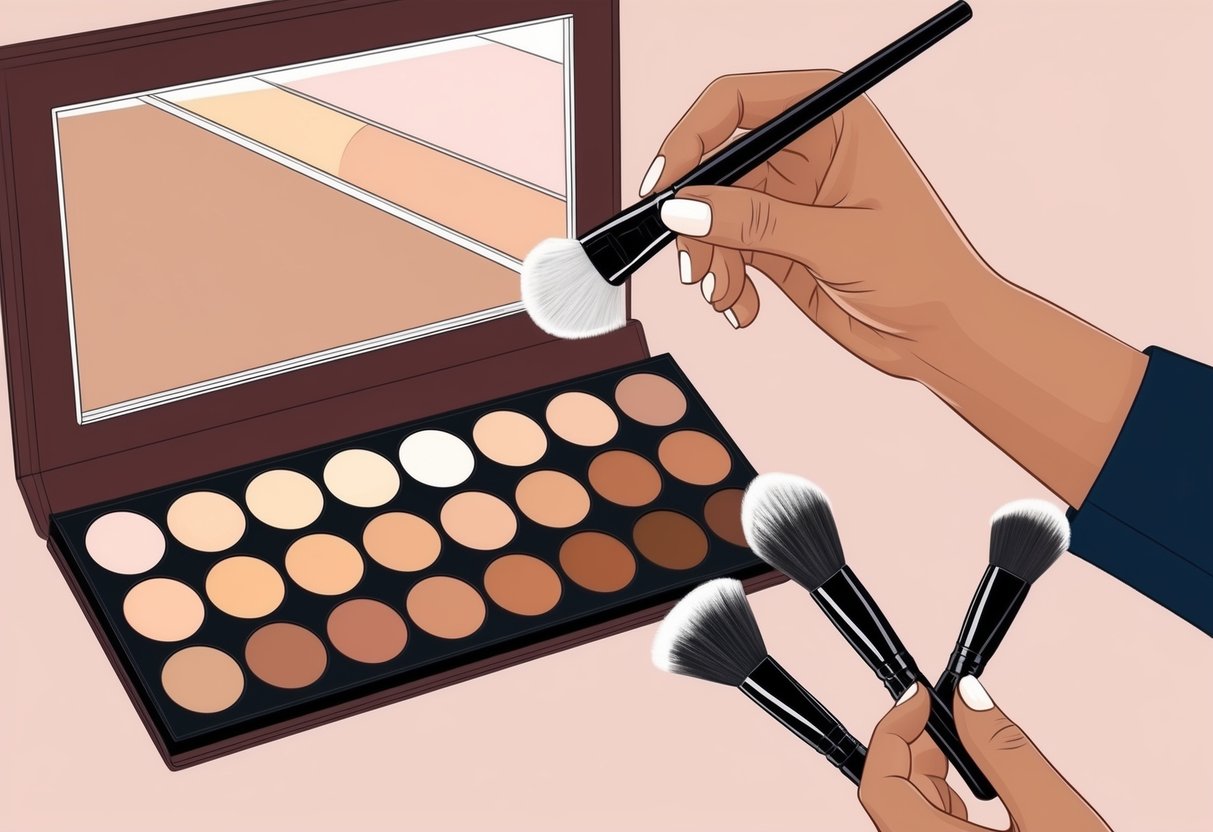 A makeup artist carefully selects foundation shades from a palette, matching them to different skin tones under natural lighting