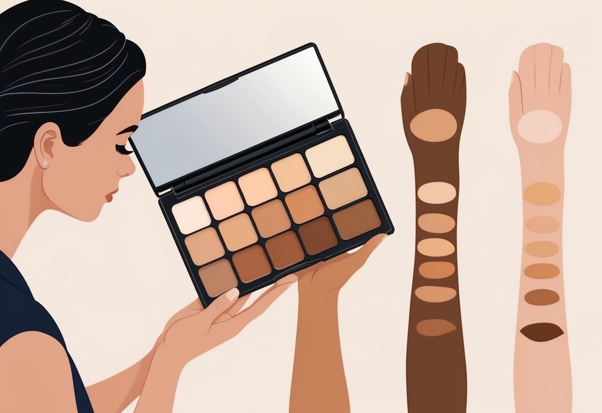 A makeup artist comparing different foundation shades on a palette against various skin tone swatches