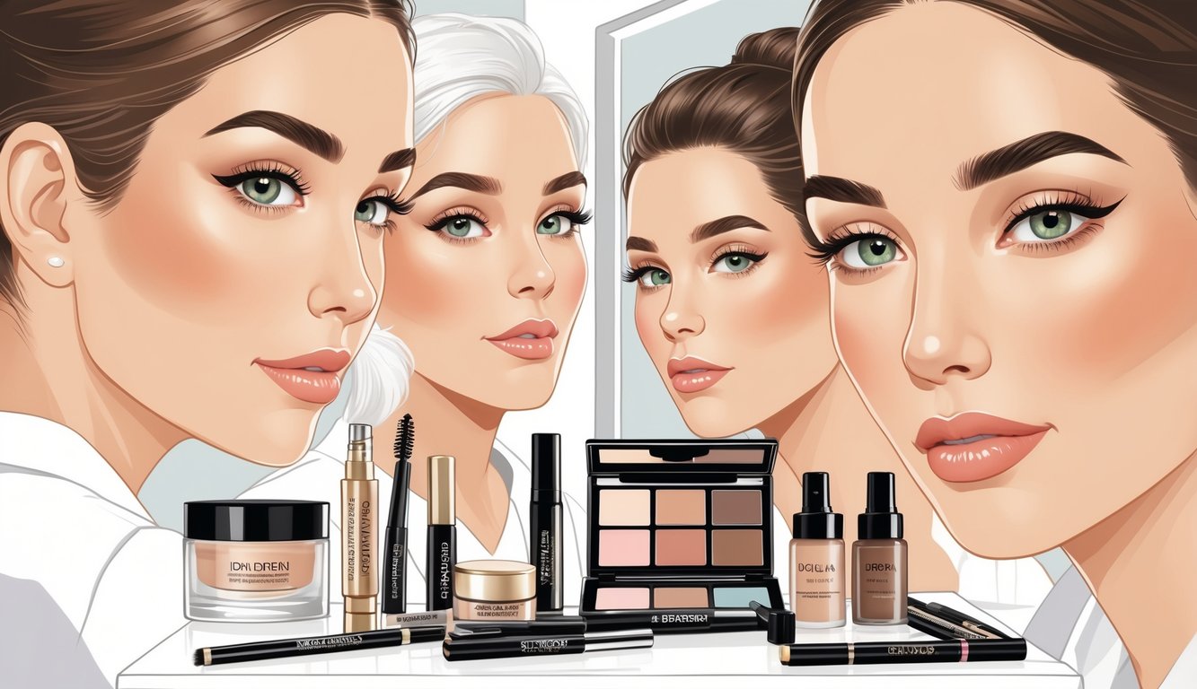 Close-up of diverse adults with well-groomed eyebrows and eye makeup surrounded by drugstore beauty products on a clean vanity.