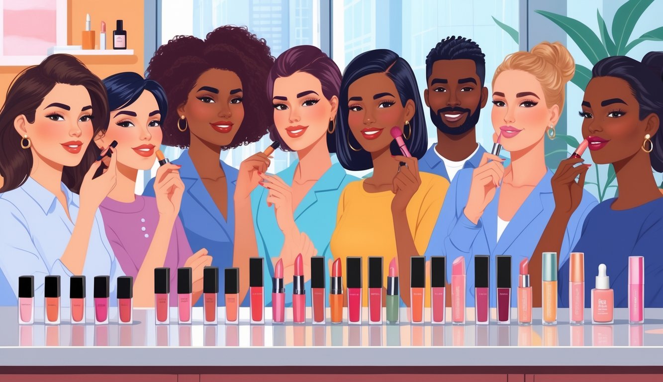 A group of diverse busy adults applying or holding affordable lipsticks and lip plumpers in a modern indoor setting with a display of beauty products on a countertop.