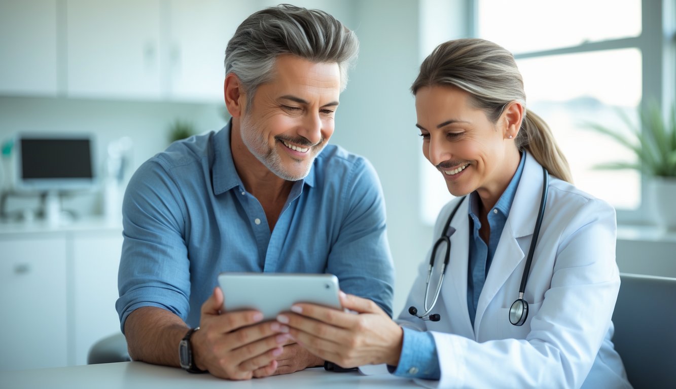 A middle-aged man with healthy hair consulting a female doctor in a bright medical office.