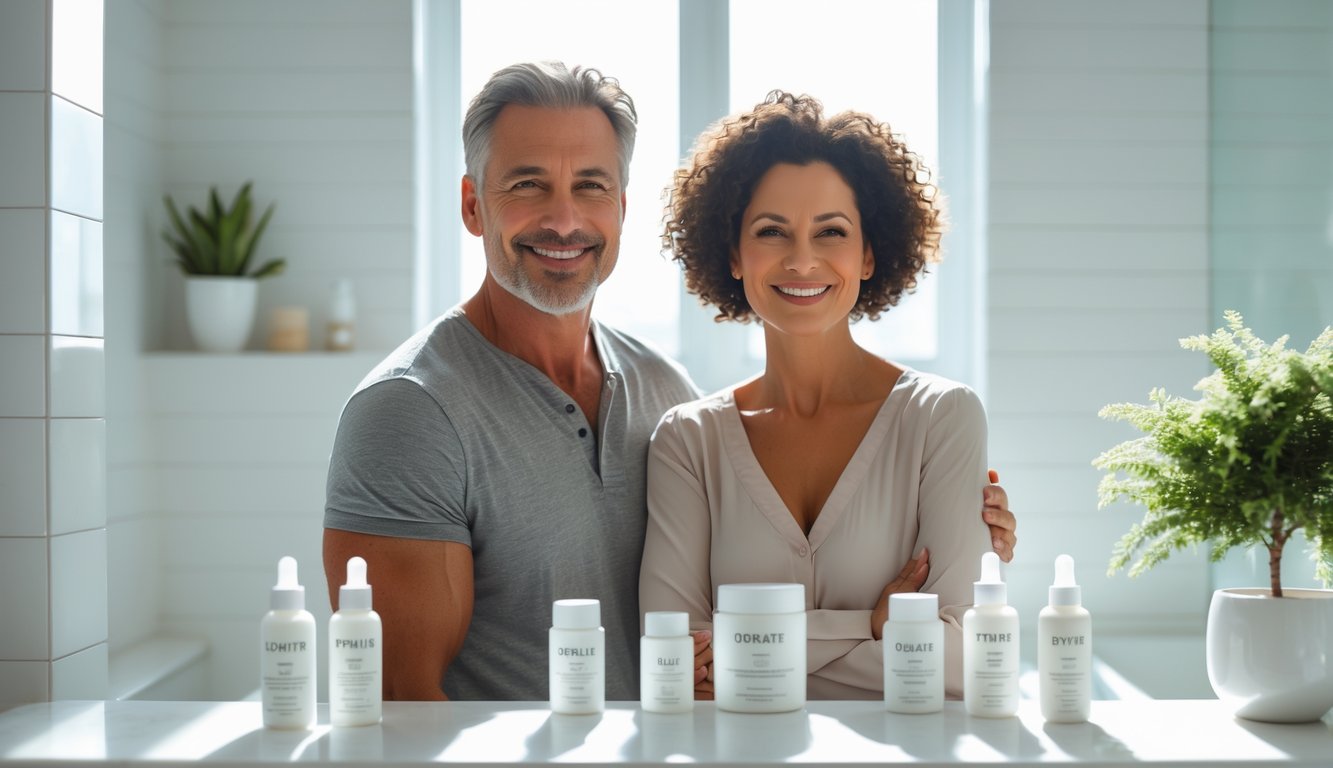 A middle-aged man and woman with healthy hair smiling in a bright bathroom with hair care products on the counter.