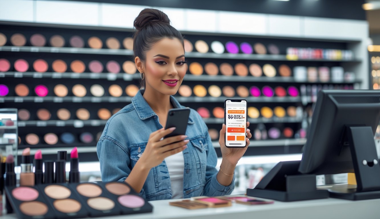 A young woman using her smartphone to apply coupon codes while buying makeup at a store checkout counter.
