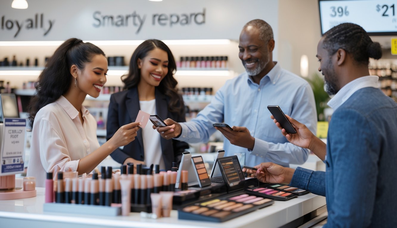 Shoppers using loyalty cards and mobile phones at a makeup checkout counter with a cashier in a bright retail store.