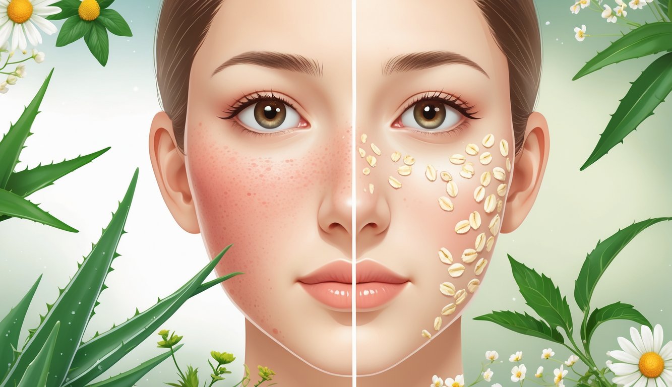 Close-up of a woman's face showing red, sensitive skin on one side and calm, clear skin on the other, surrounded by natural skincare ingredients like aloe vera, chamomile, green tea, and oatmeal.